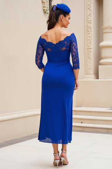 Bleu royal épaules dénudées 3/4 manches Robe de mère de la mariée avec dentelle